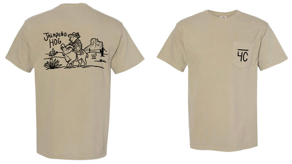 Beige t-shirt with graphic design on the back and logo on the pocket, on a white background