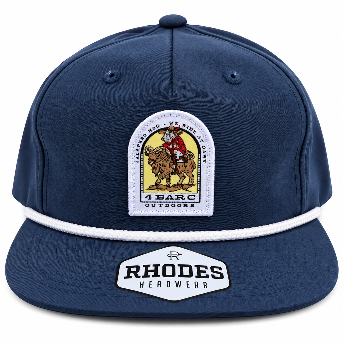 4 Bar C Outdoors Jalapeño Hog navy Rhodes rope hat with white rope and We Ride at Dawn patch.