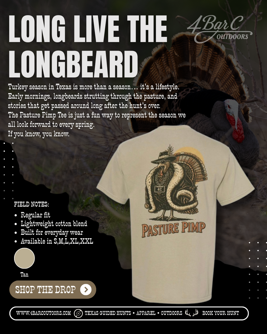 T-shirt with 'Pasture Pimp' design and turkey graphics on a dark background with text about turkey hunting.