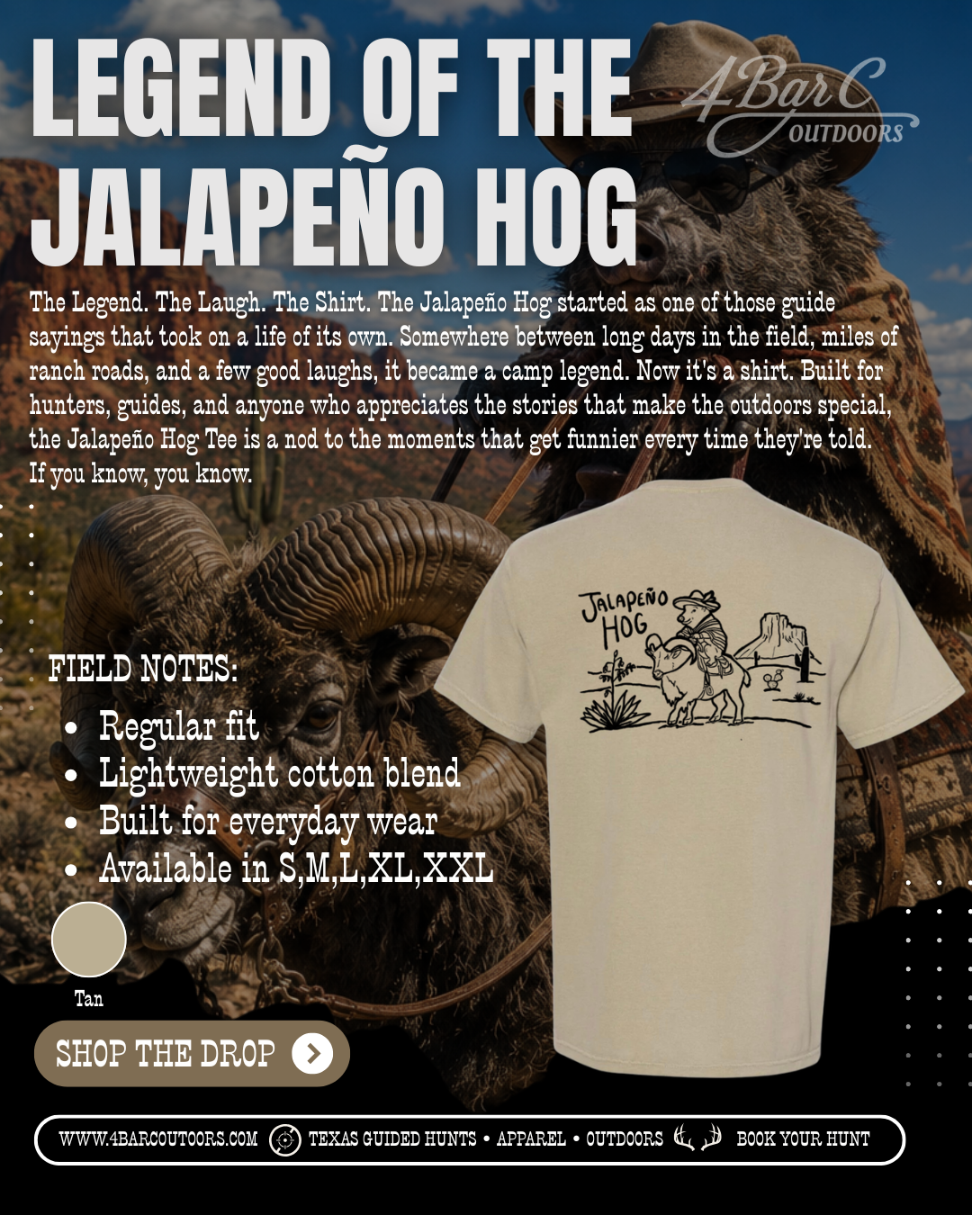 Promotional graphic for 'Legend of the Jalapeño Hog' t-shirt with text and a t-shirt design.