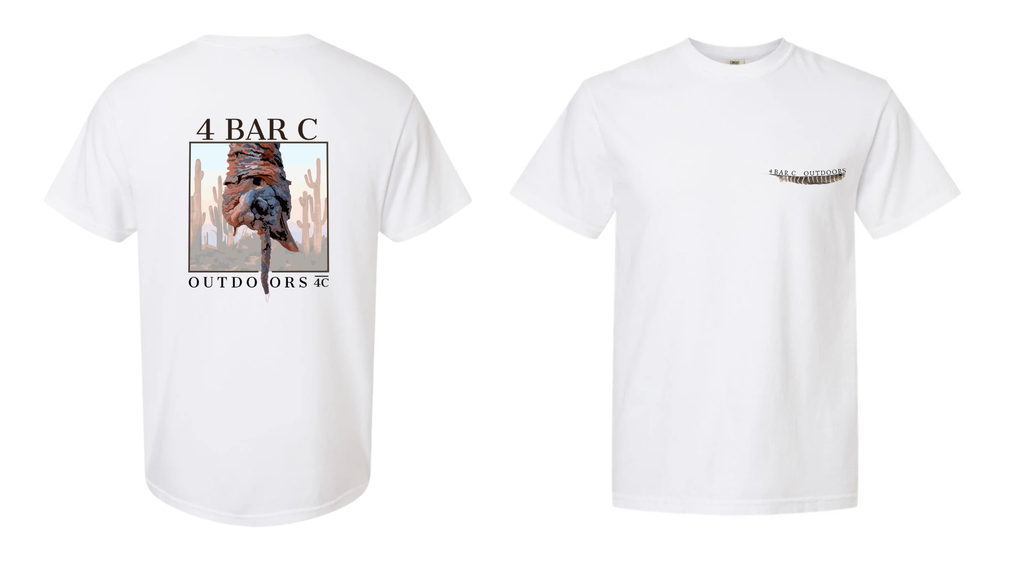 Two white t-shirts with graphic designs on a white background