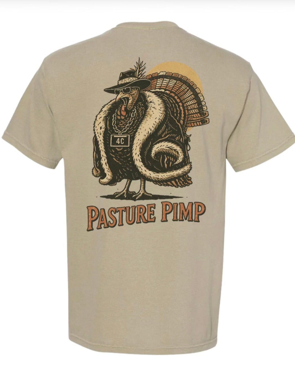 Beige t-shirt with front pocket and back graphic design on a white background