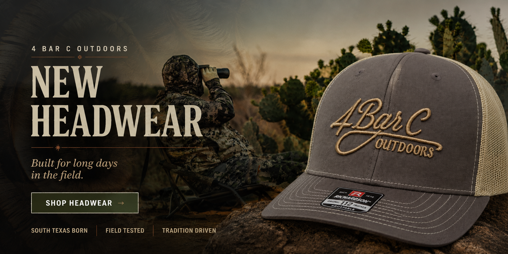 4 Bar C Outdoors cap with branding in a desert setting. More than a brand, its a lifestyle marketing photo. Shop the hats for Texas Hunts.