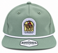Sage green Rhodes Headwear rope hat with white cord and 4 Bar C Outdoors cowboy riding a hog patch.