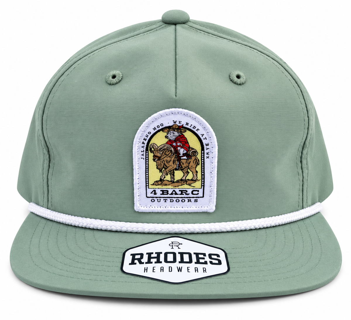 Sage green Rhodes Headwear rope hat with white cord and 4 Bar C Outdoors cowboy riding a hog patch.